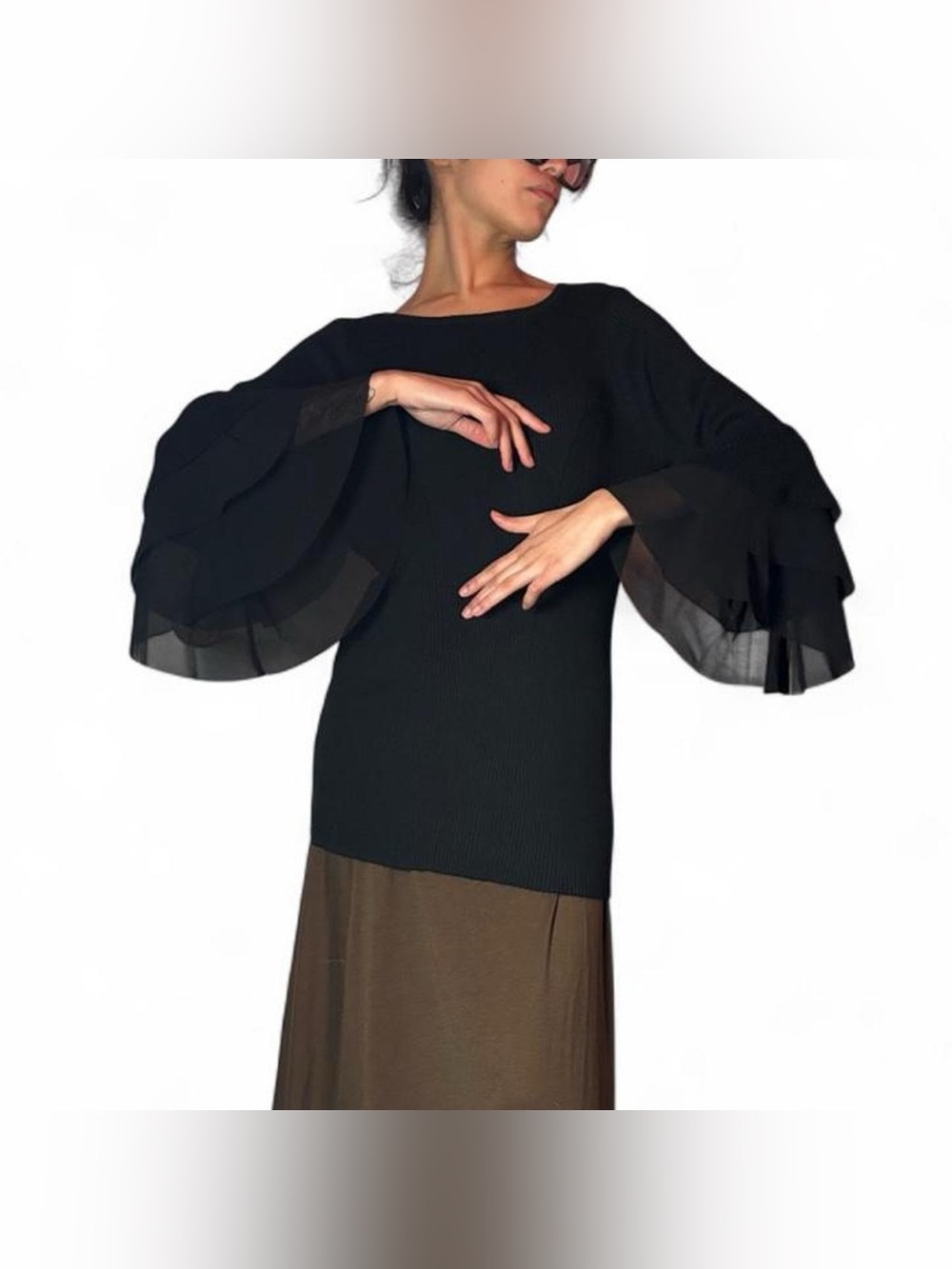 Black Ribbed Long Sweater With Ruffled Bell Sleeves by Design History